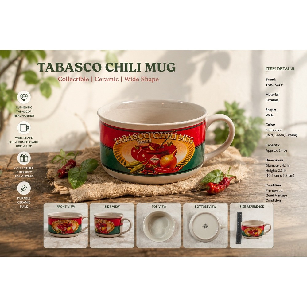 Vintage Tabasco Brand Chili Mug Oversized‎ Soup Bowl Ceramic Cream Red Green